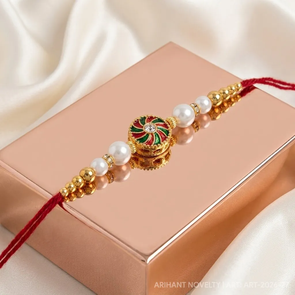 Petal Circle & Pearl Trio – handmade Meenakari rakhi from Bikaner by Arihant Novelty