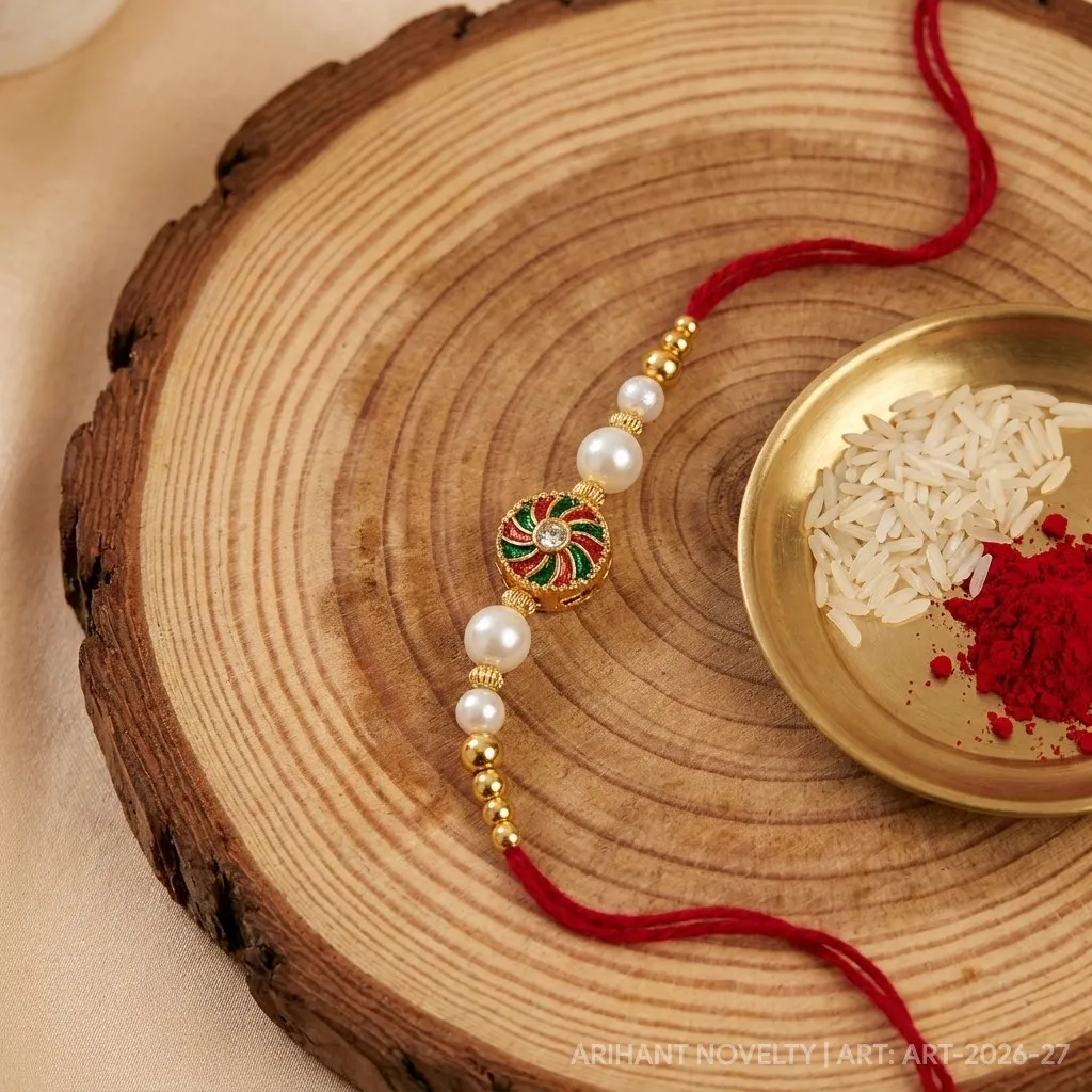 Petal Circle & Pearl Trio – handmade Meenakari rakhi from Bikaner by Arihant Novelty