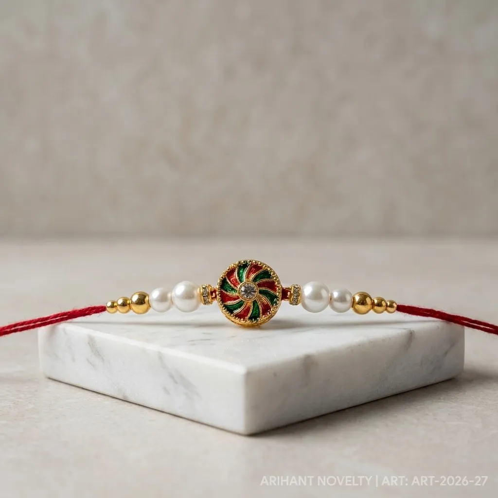 Petal Circle & Pearl Trio – handmade Meenakari rakhi from Bikaner by Arihant Novelty