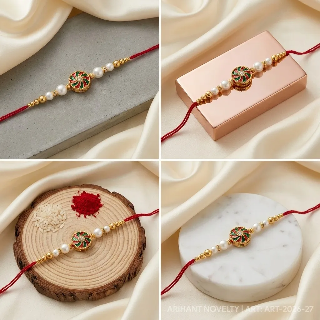 Petal Circle & Pearl Trio – handmade Meenakari rakhi from Bikaner by Arihant Novelty