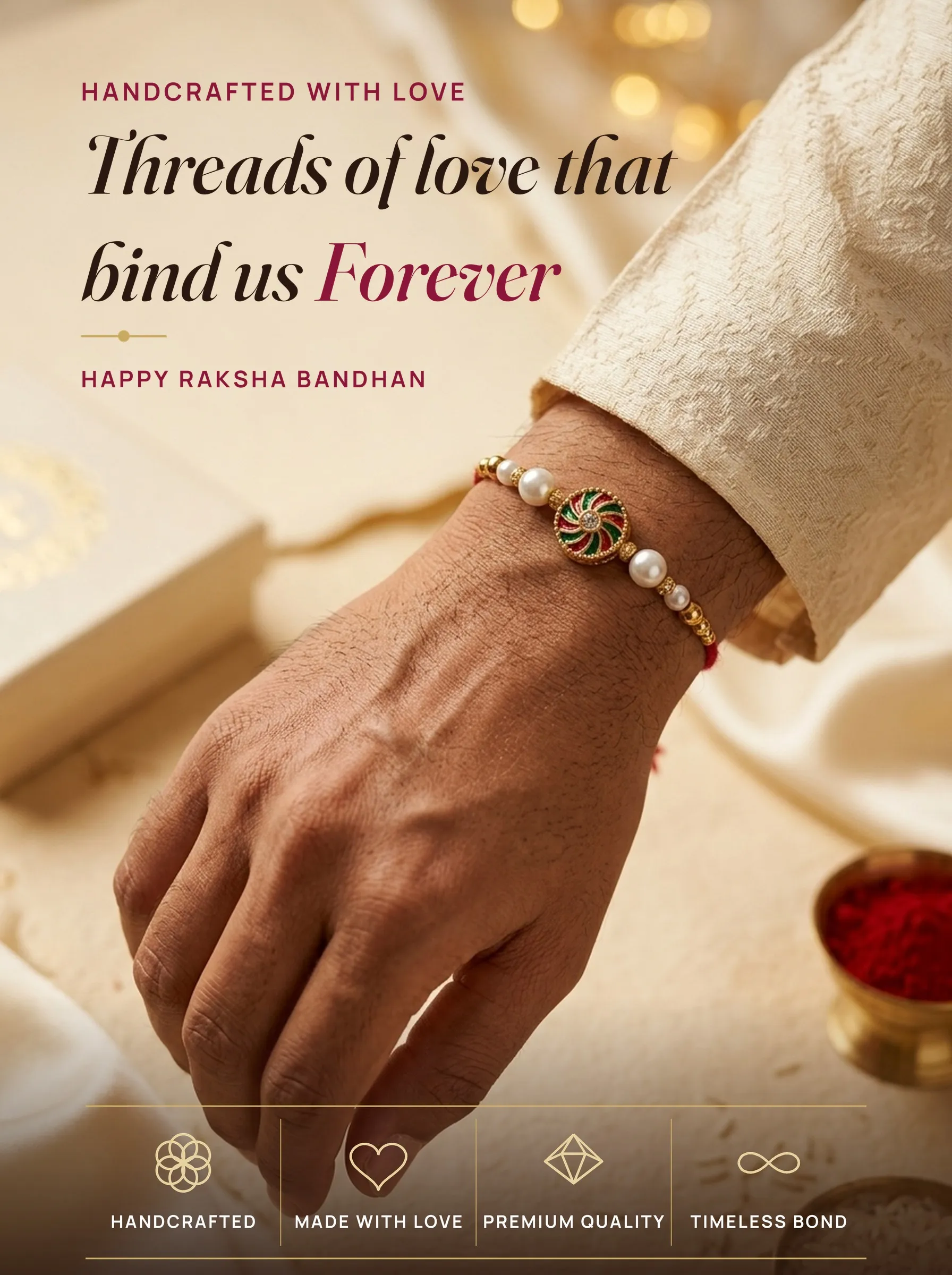 Petal Circle & Pearl Trio – handmade Meenakari rakhi from Bikaner by Arihant Novelty