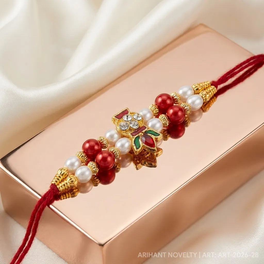 Gold CZ Grid Pearl Rakhi – handmade Kundan rakhi from Bikaner by Arihant Novelty