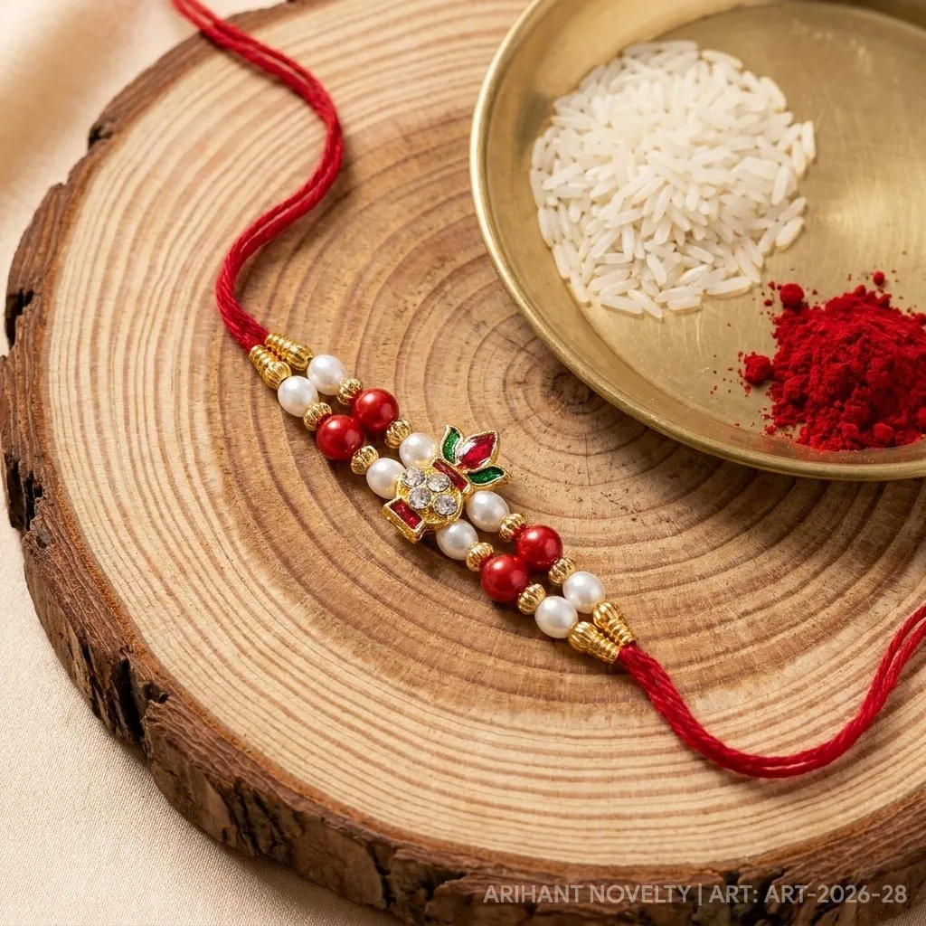 Gold CZ Grid Pearl Rakhi – handmade Kundan rakhi from Bikaner by Arihant Novelty