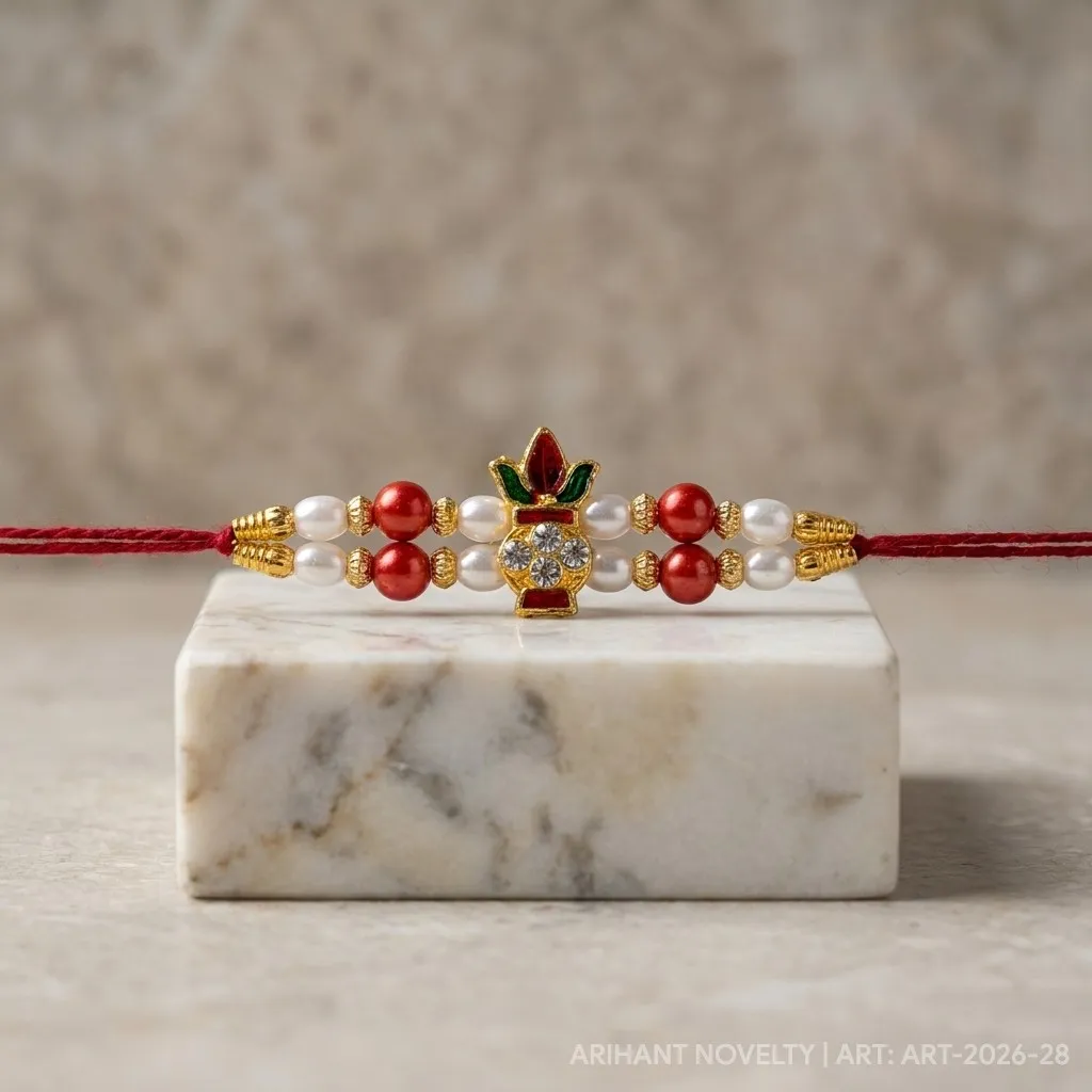 Gold CZ Grid Pearl Rakhi – handmade Kundan rakhi from Bikaner by Arihant Novelty
