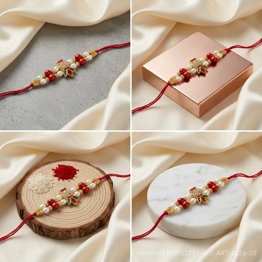 Gold CZ Grid Pearl Rakhi – handmade Kundan rakhi from Bikaner by Arihant Novelty