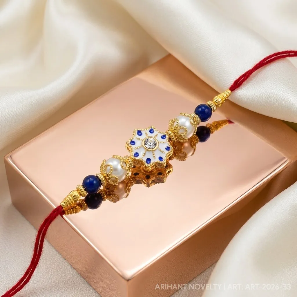 White Enamel Flower Kundan – handmade Kundan rakhi from Bikaner by Arihant Novelty
