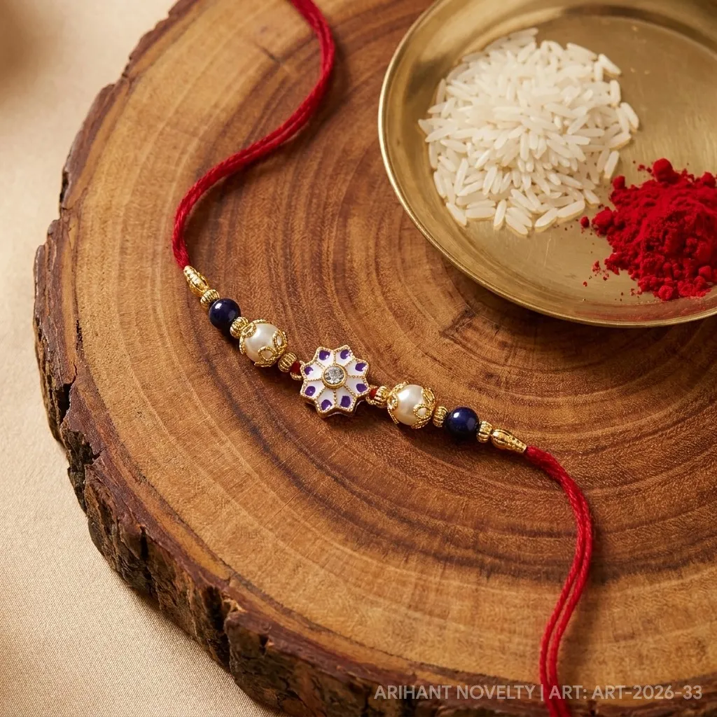White Enamel Flower Kundan – handmade Kundan rakhi from Bikaner by Arihant Novelty