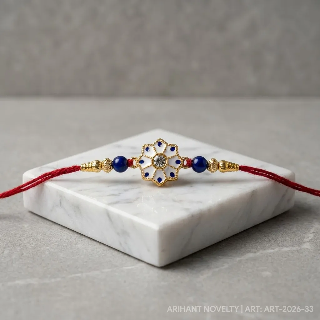 White Enamel Flower Kundan – handmade Kundan rakhi from Bikaner by Arihant Novelty