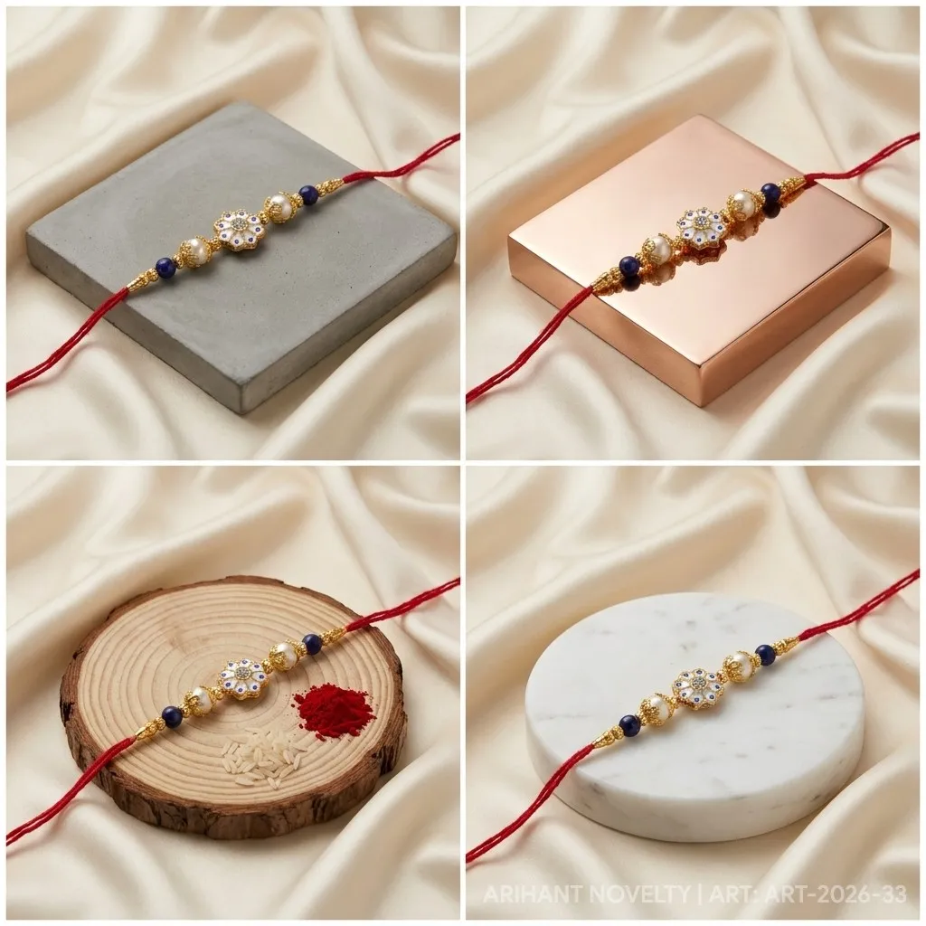 White Enamel Flower Kundan – handmade Kundan rakhi from Bikaner by Arihant Novelty