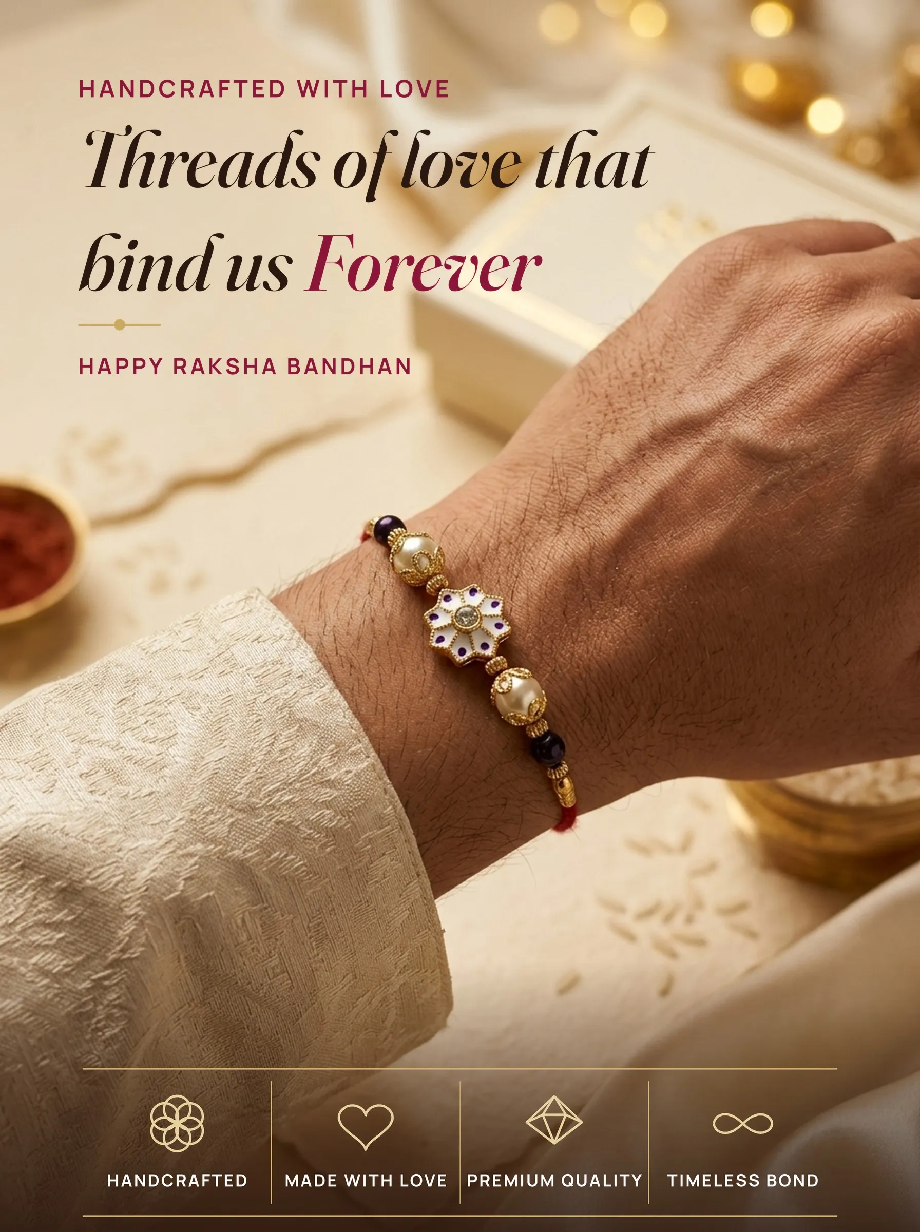 White Enamel Flower Kundan – handmade Kundan rakhi from Bikaner by Arihant Novelty