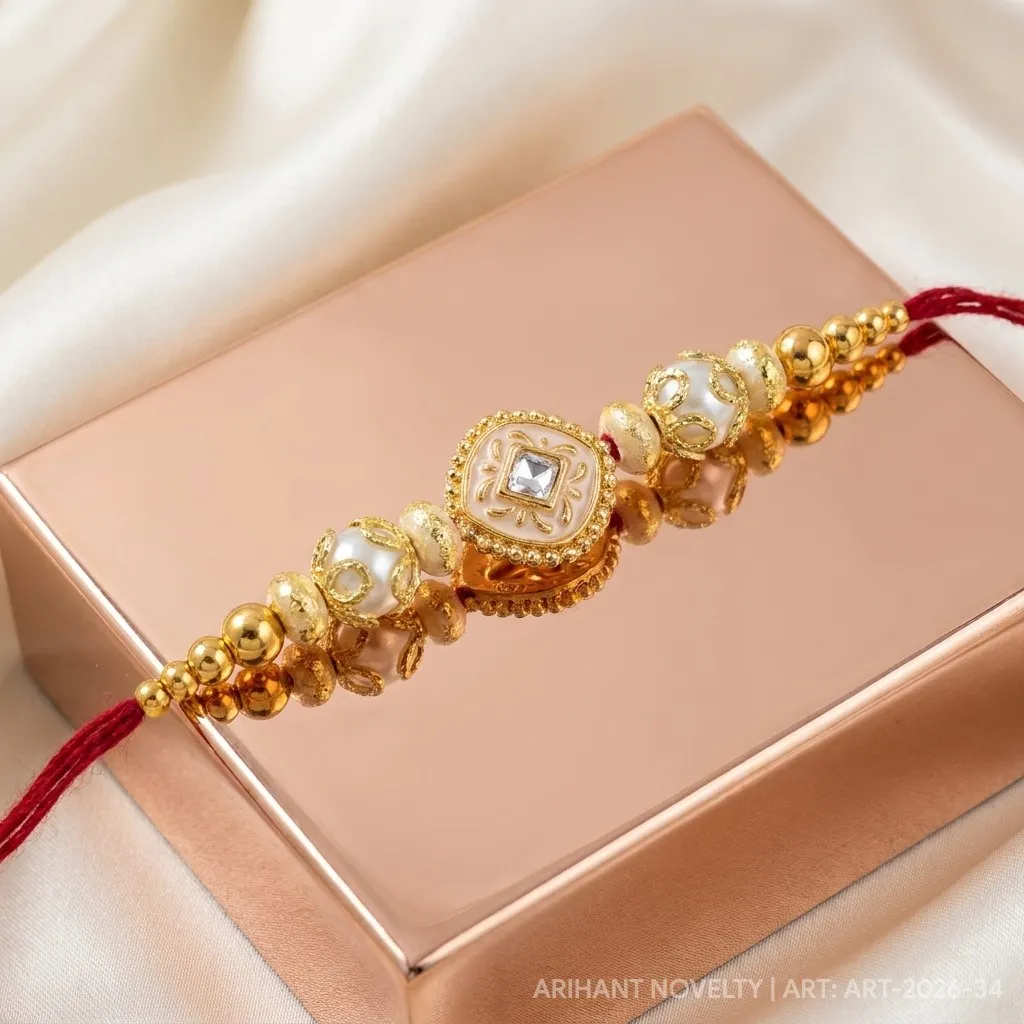 Gold Lotus CZ Pearl Rakhi – handmade Kundan rakhi from Bikaner by Arihant Novelty
