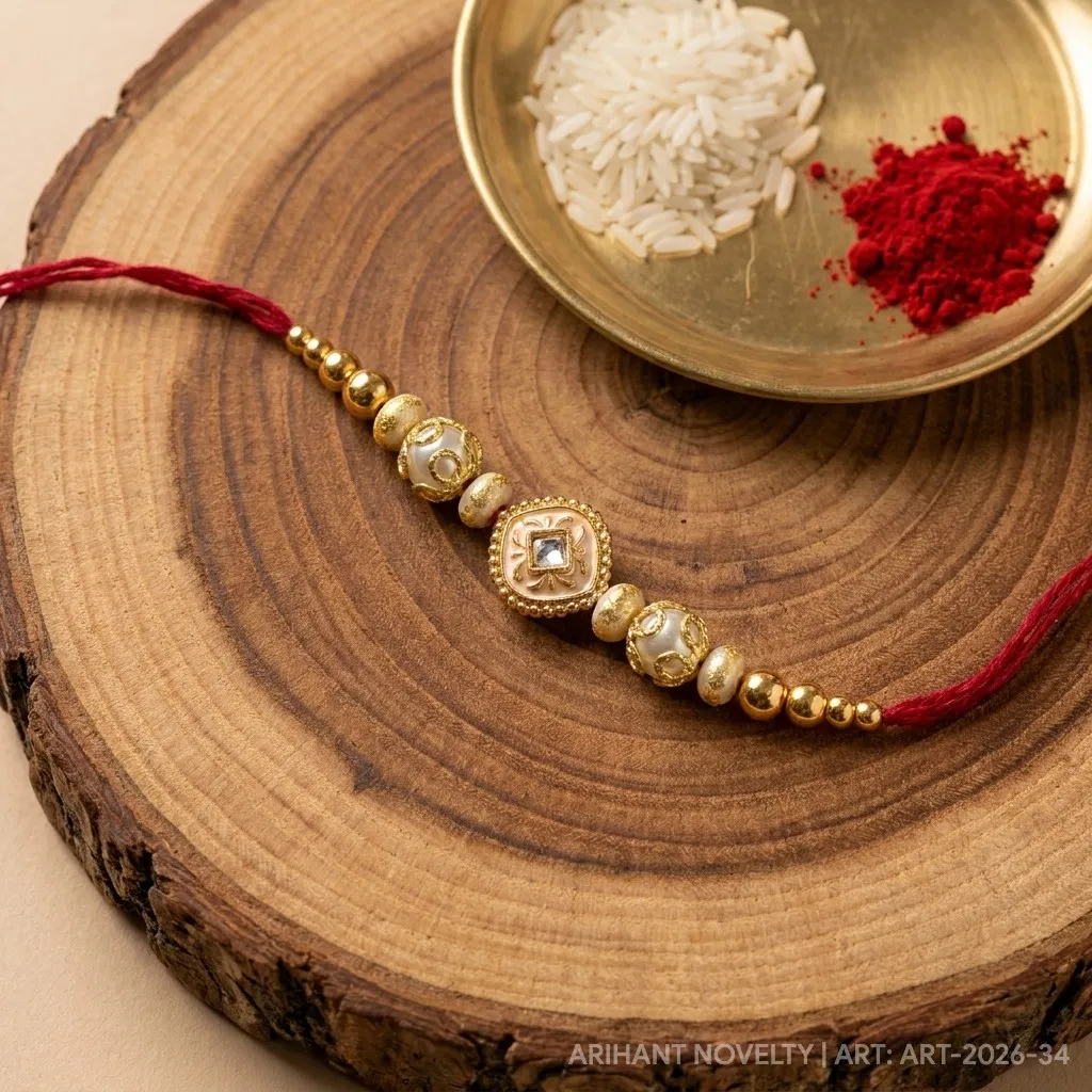 Gold Lotus CZ Pearl Rakhi – handmade Kundan rakhi from Bikaner by Arihant Novelty