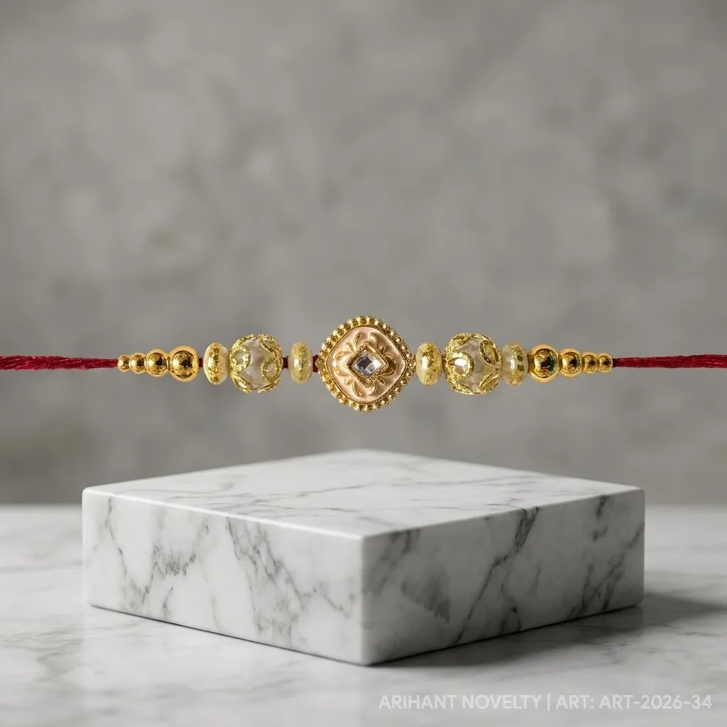 Gold Lotus CZ Pearl Rakhi – handmade Kundan rakhi from Bikaner by Arihant Novelty
