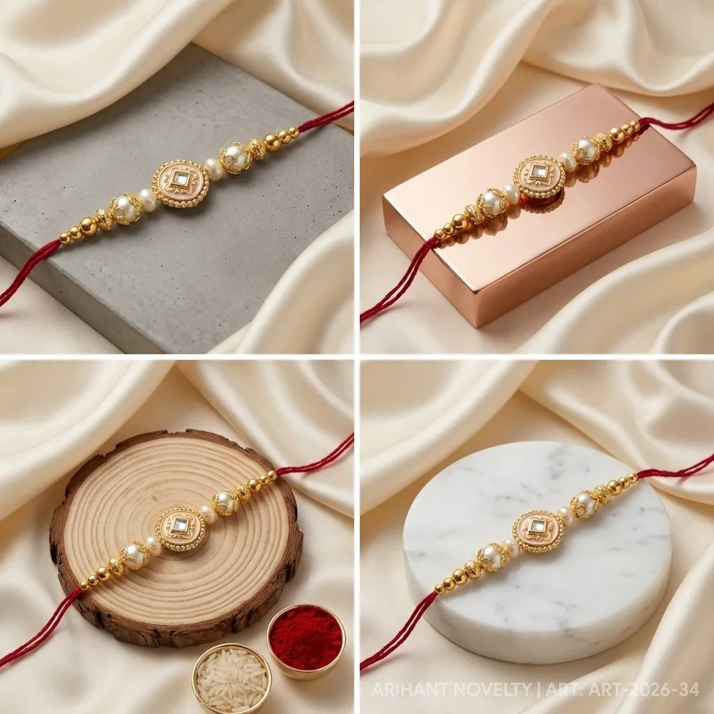 Gold Lotus CZ Pearl Rakhi – handmade Kundan rakhi from Bikaner by Arihant Novelty
