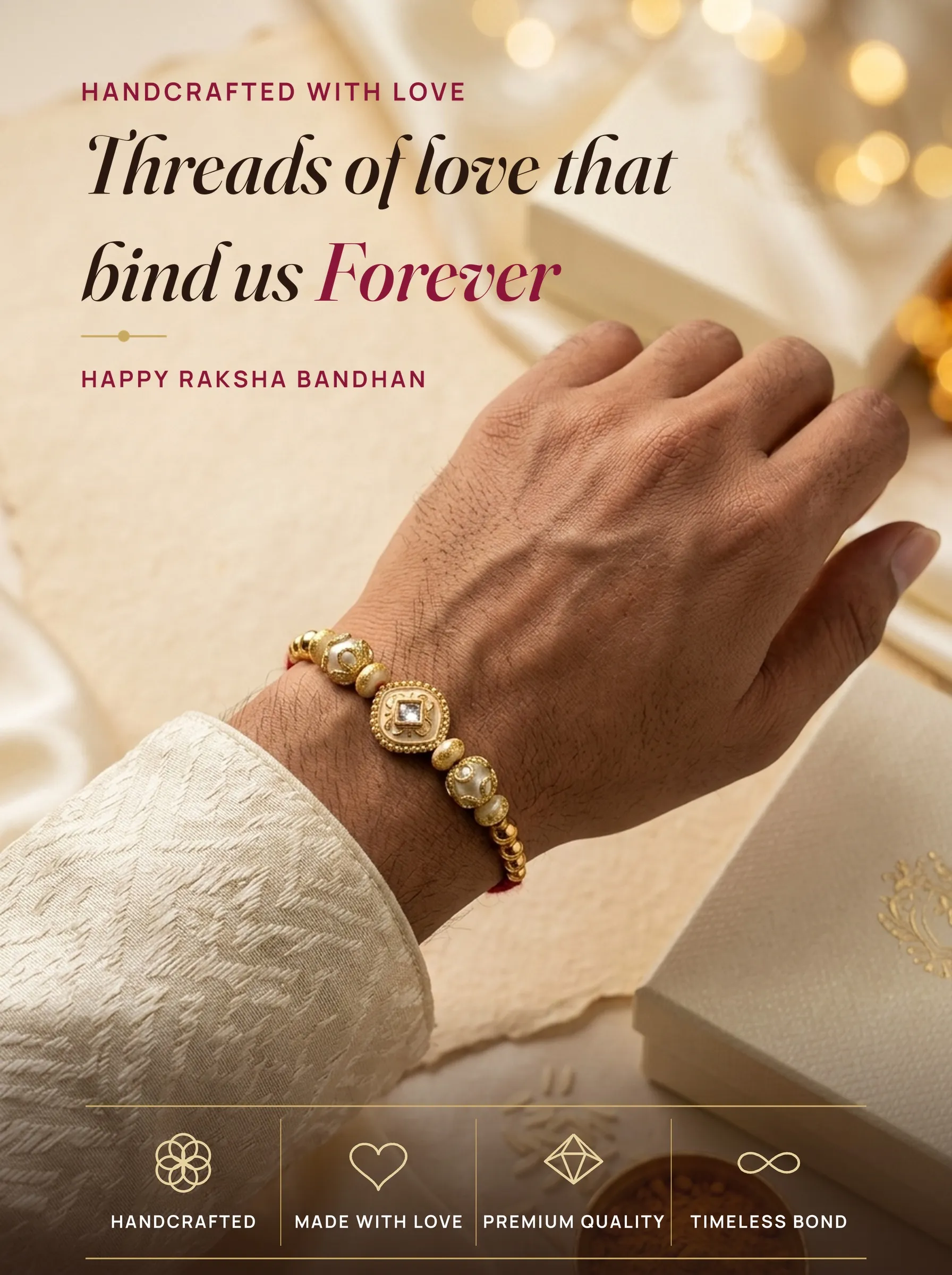 Gold Lotus CZ Pearl Rakhi – handmade Kundan rakhi from Bikaner by Arihant Novelty