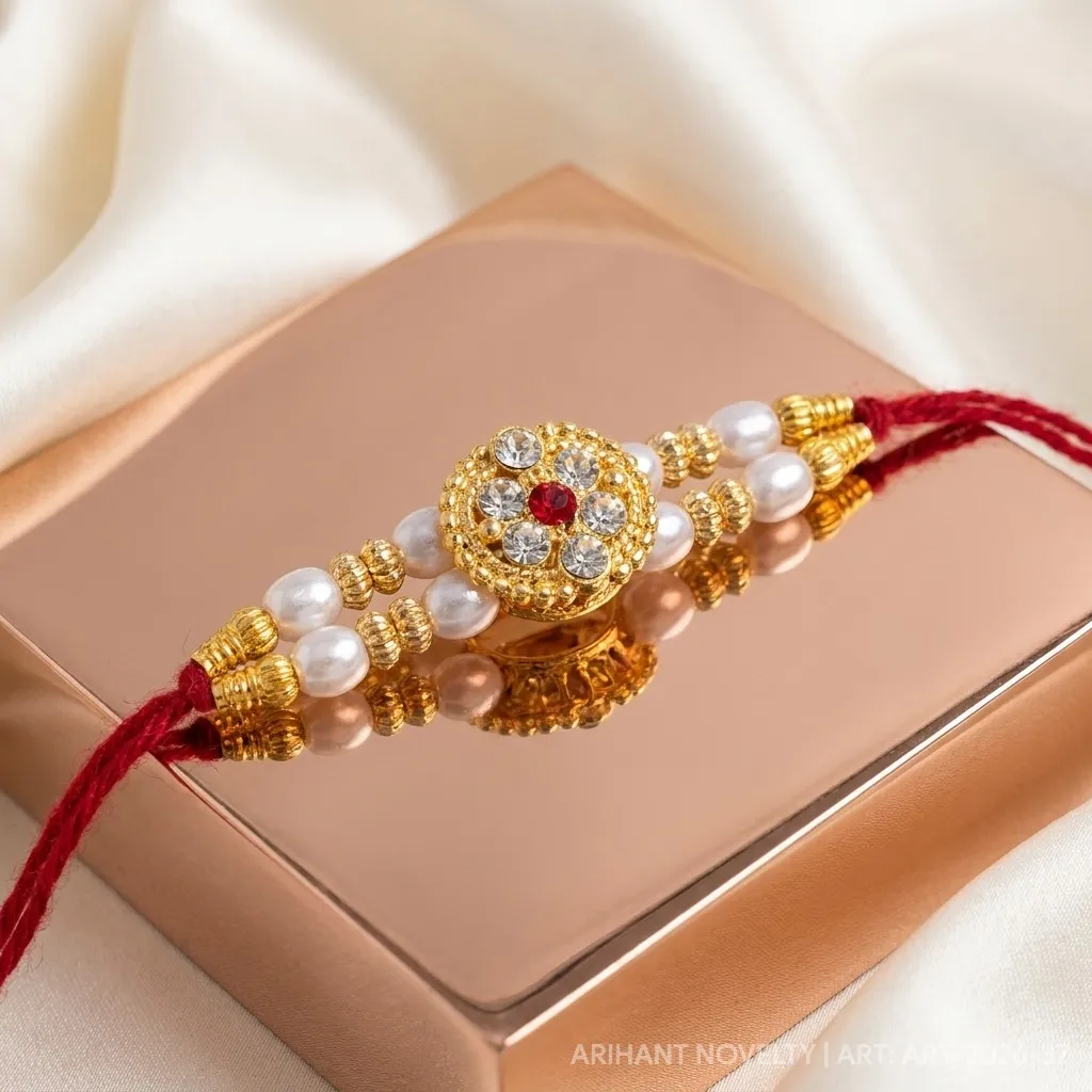 Ruby Flower CZ Pearl Rakhi – handmade Kundan rakhi from Bikaner by Arihant Novelty