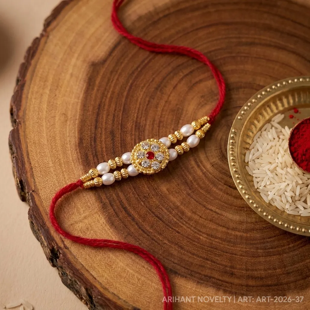 Ruby Flower CZ Pearl Rakhi – handmade Kundan rakhi from Bikaner by Arihant Novelty