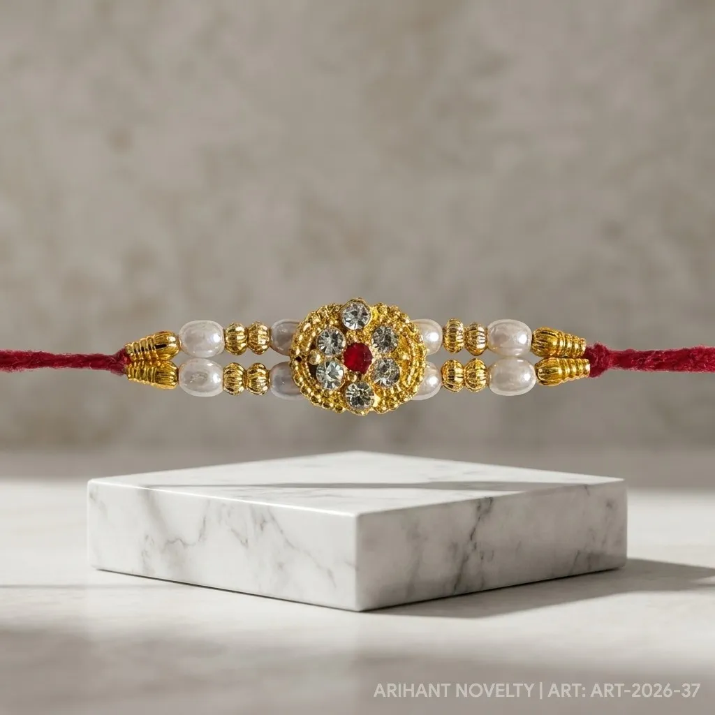 Ruby Flower CZ Pearl Rakhi – handmade Kundan rakhi from Bikaner by Arihant Novelty