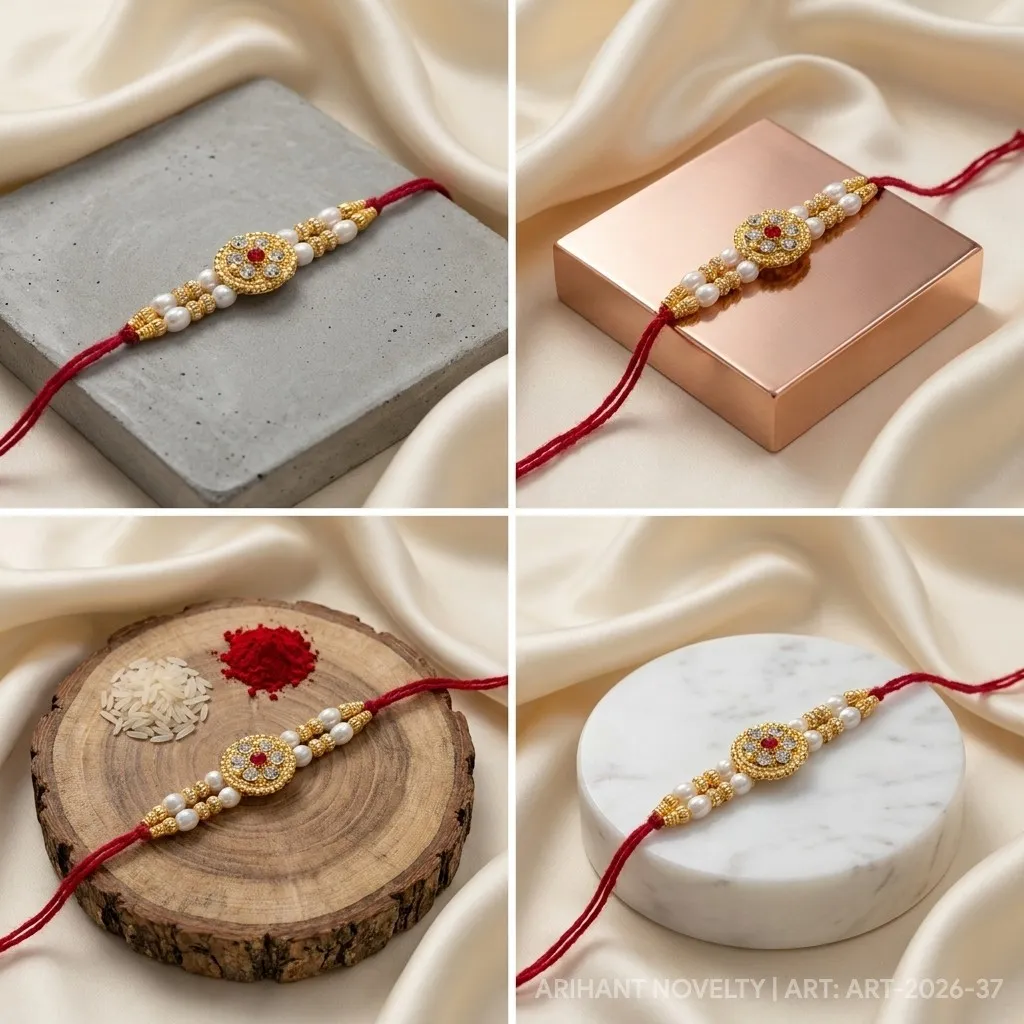 Ruby Flower CZ Pearl Rakhi – handmade Kundan rakhi from Bikaner by Arihant Novelty