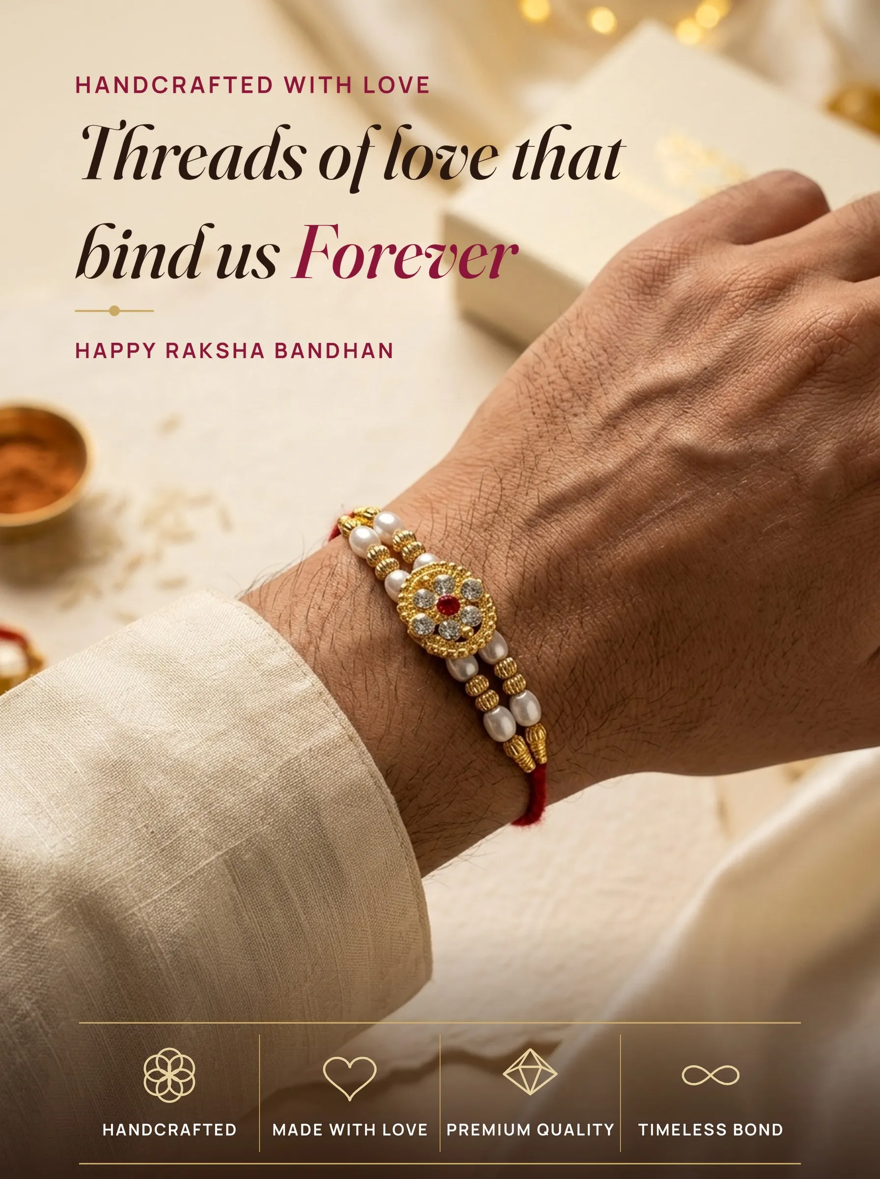Ruby Flower CZ Pearl Rakhi – handmade Kundan rakhi from Bikaner by Arihant Novelty