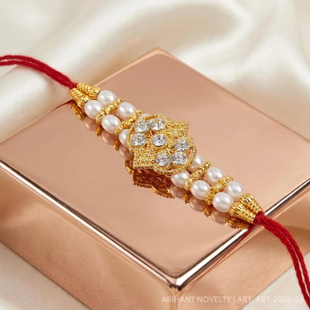 Full CZ Lotus Pearl Rakhi – handmade Kundan rakhi from Bikaner by Arihant Novelty