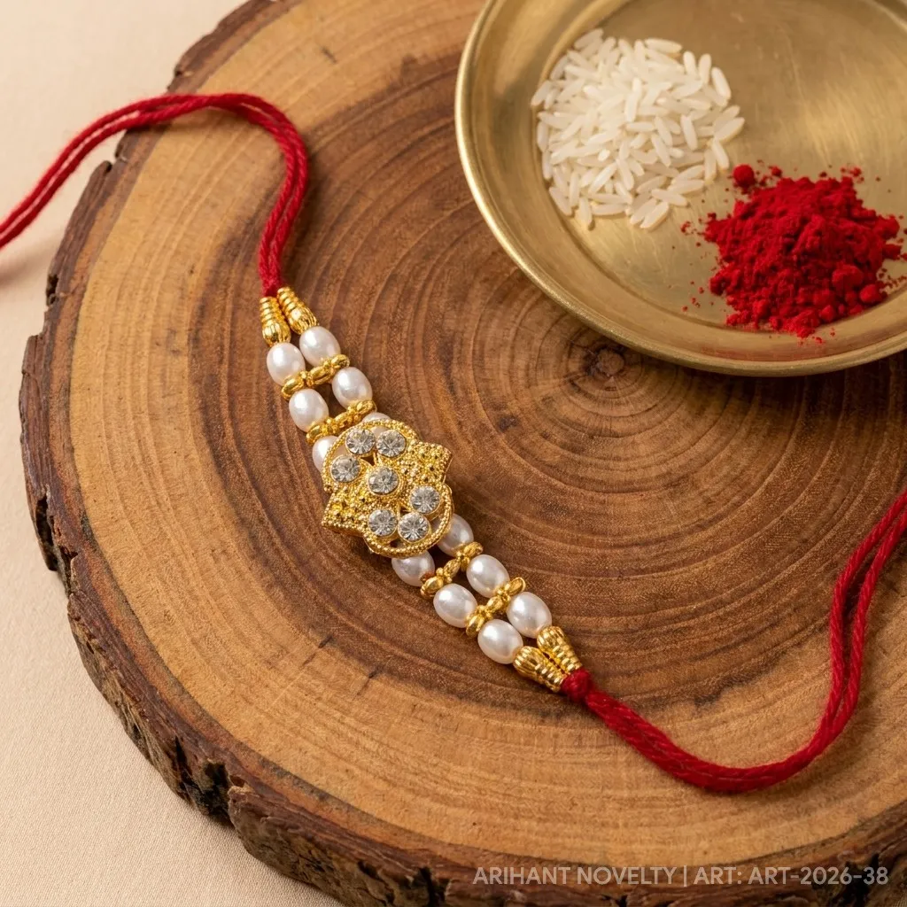 Full CZ Lotus Pearl Rakhi – handmade Kundan rakhi from Bikaner by Arihant Novelty