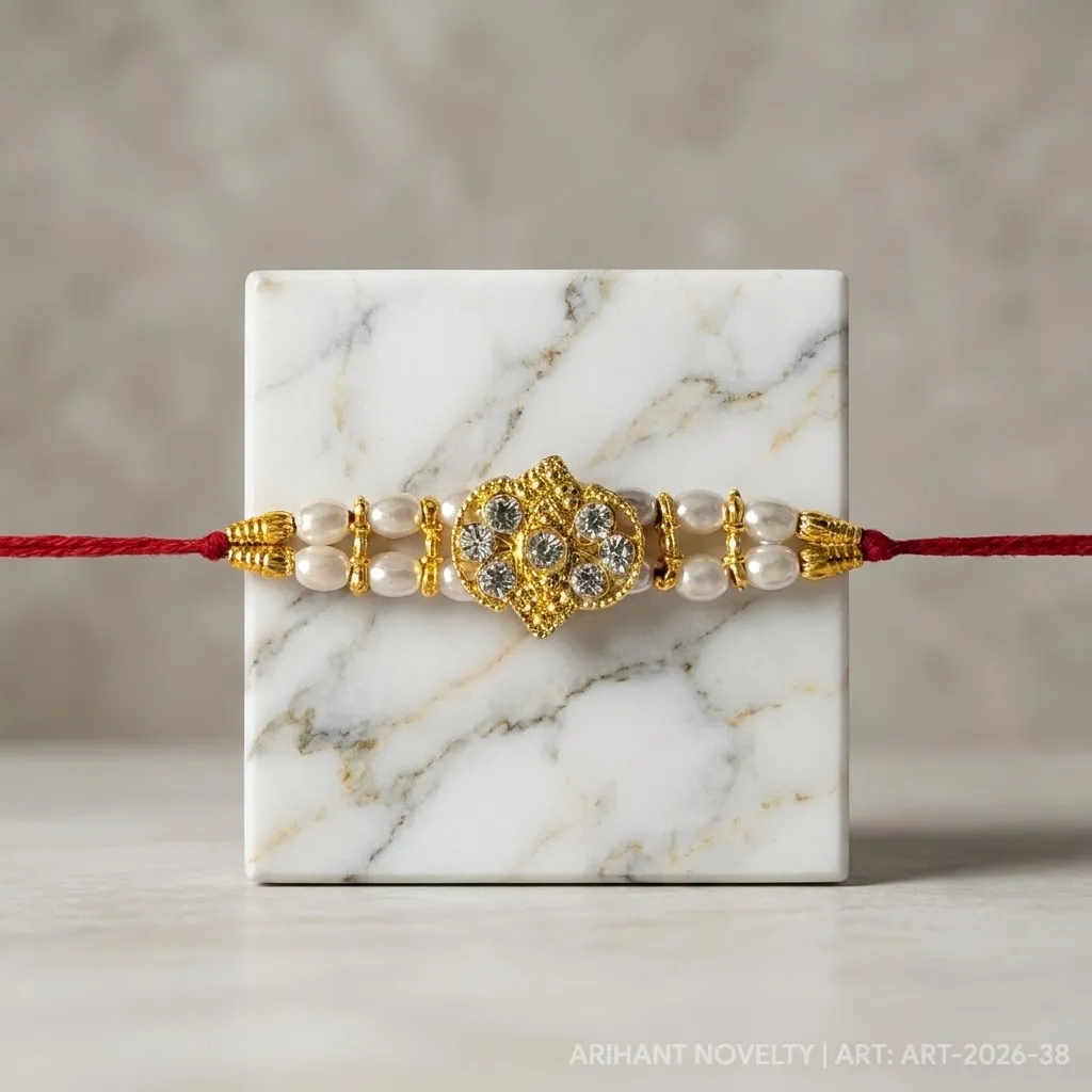 Full CZ Lotus Pearl Rakhi – handmade Kundan rakhi from Bikaner by Arihant Novelty