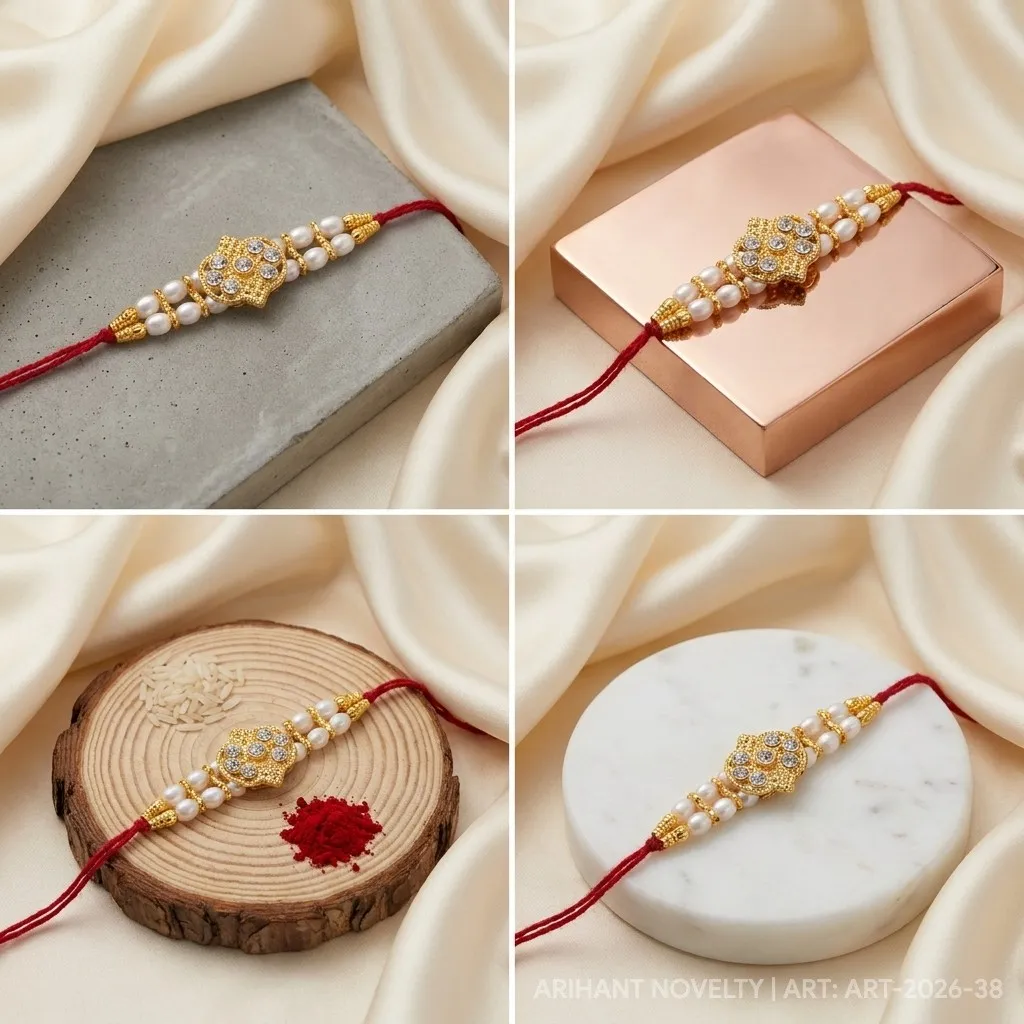 Full CZ Lotus Pearl Rakhi – handmade Kundan rakhi from Bikaner by Arihant Novelty