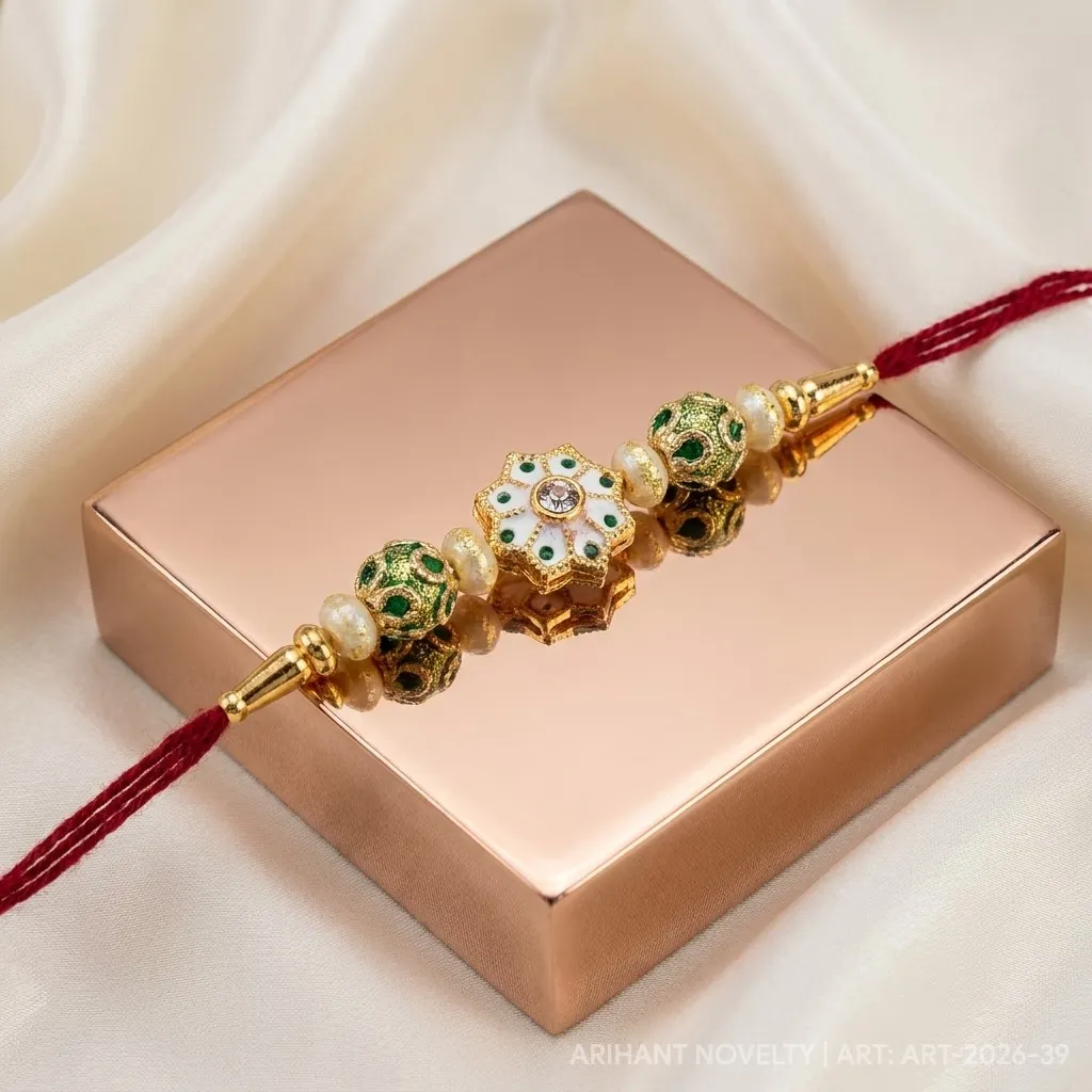 Green Shimmer Star Bead Rakhi – handmade Meenakari rakhi from Bikaner by Arihant Novelty
