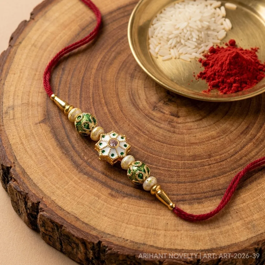 Green Shimmer Star Bead Rakhi – handmade Meenakari rakhi from Bikaner by Arihant Novelty