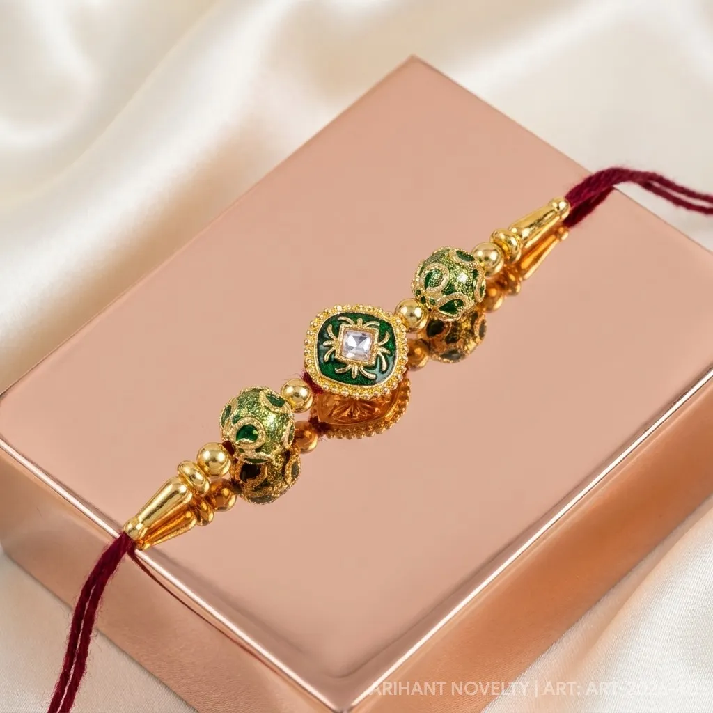 Green Square Meenakari Bead – handmade Meenakari rakhi from Bikaner by Arihant Novelty