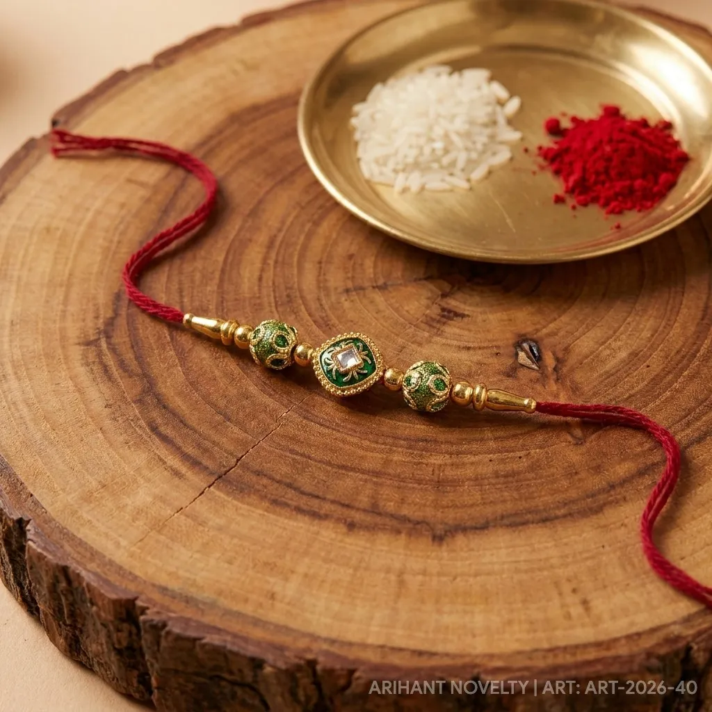 Green Square Meenakari Bead – handmade Meenakari rakhi from Bikaner by Arihant Novelty