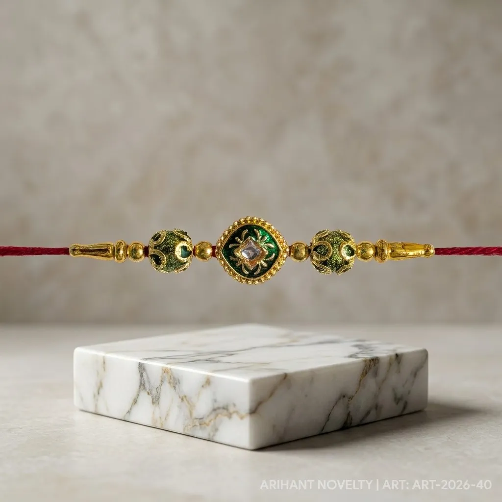 Green Square Meenakari Bead – handmade Meenakari rakhi from Bikaner by Arihant Novelty