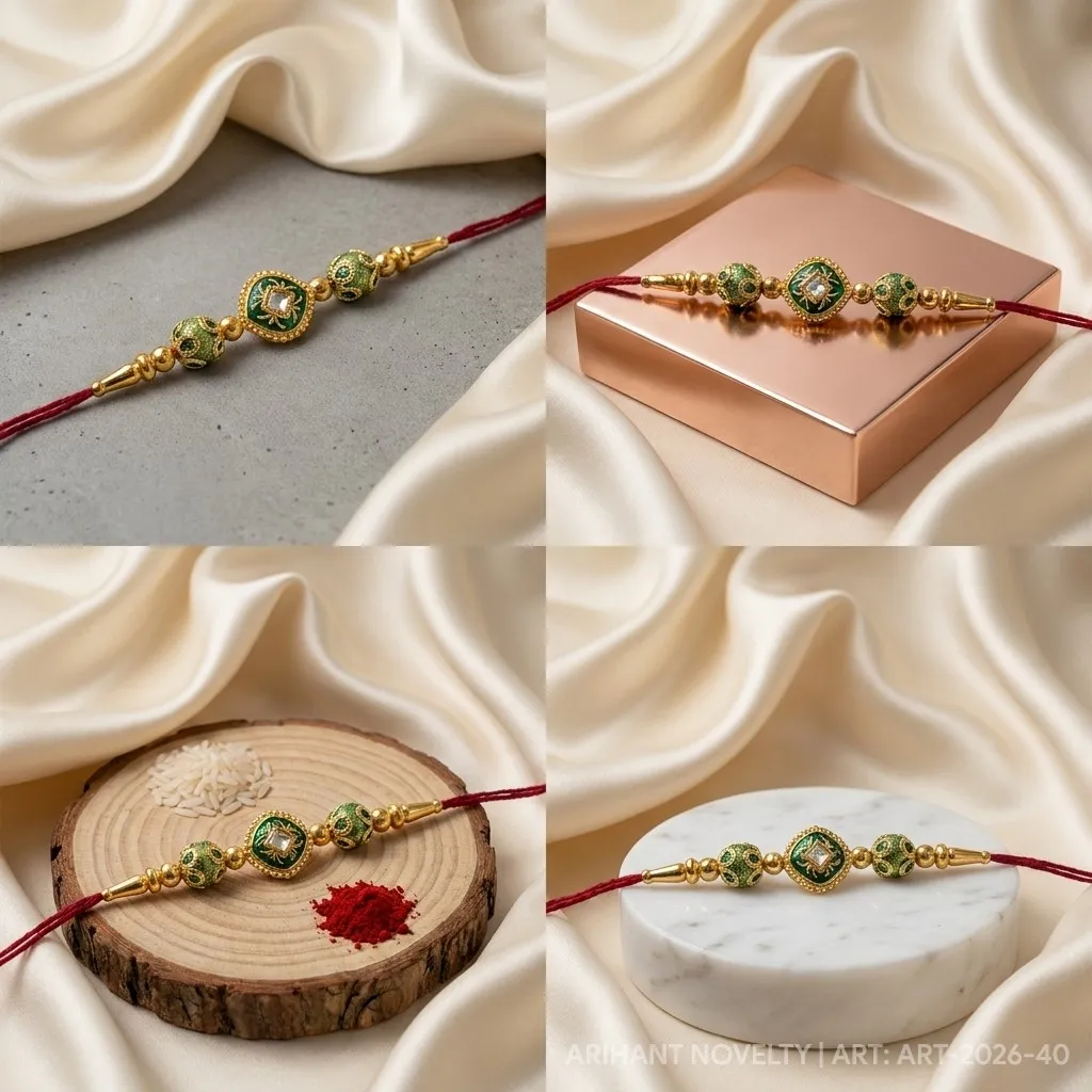 Green Square Meenakari Bead – handmade Meenakari rakhi from Bikaner by Arihant Novelty