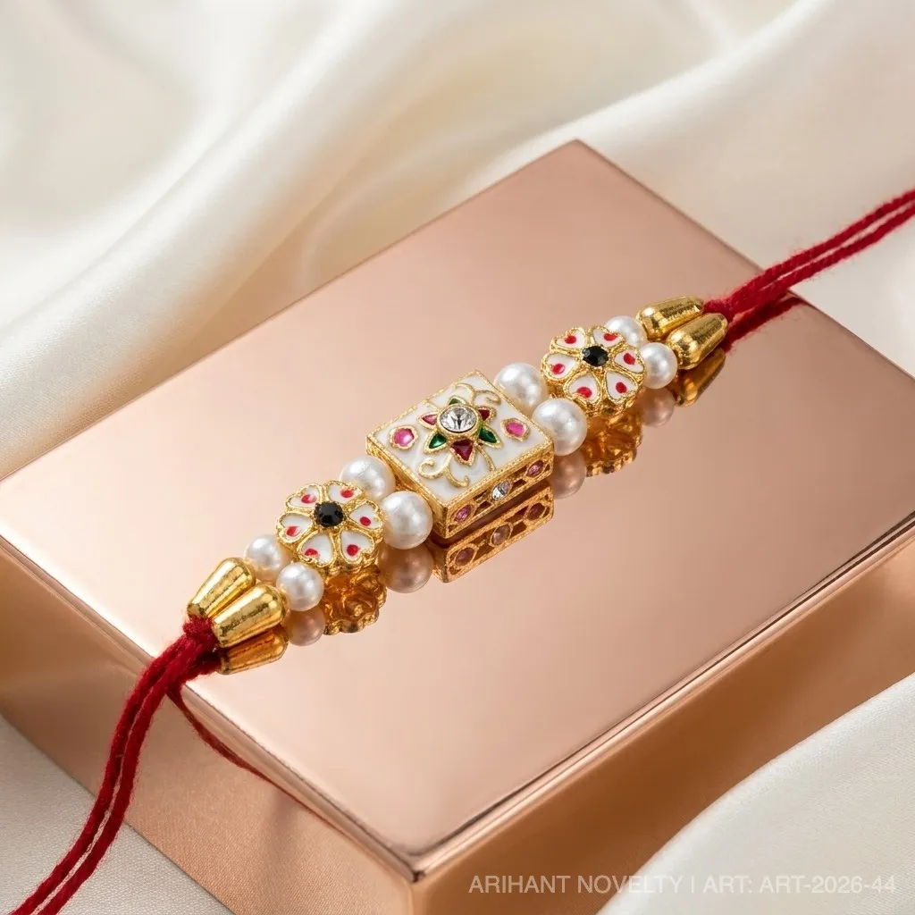 Triple Meenakari Pearl Rakhi – handmade Meenakari rakhi from Bikaner by Arihant Novelty