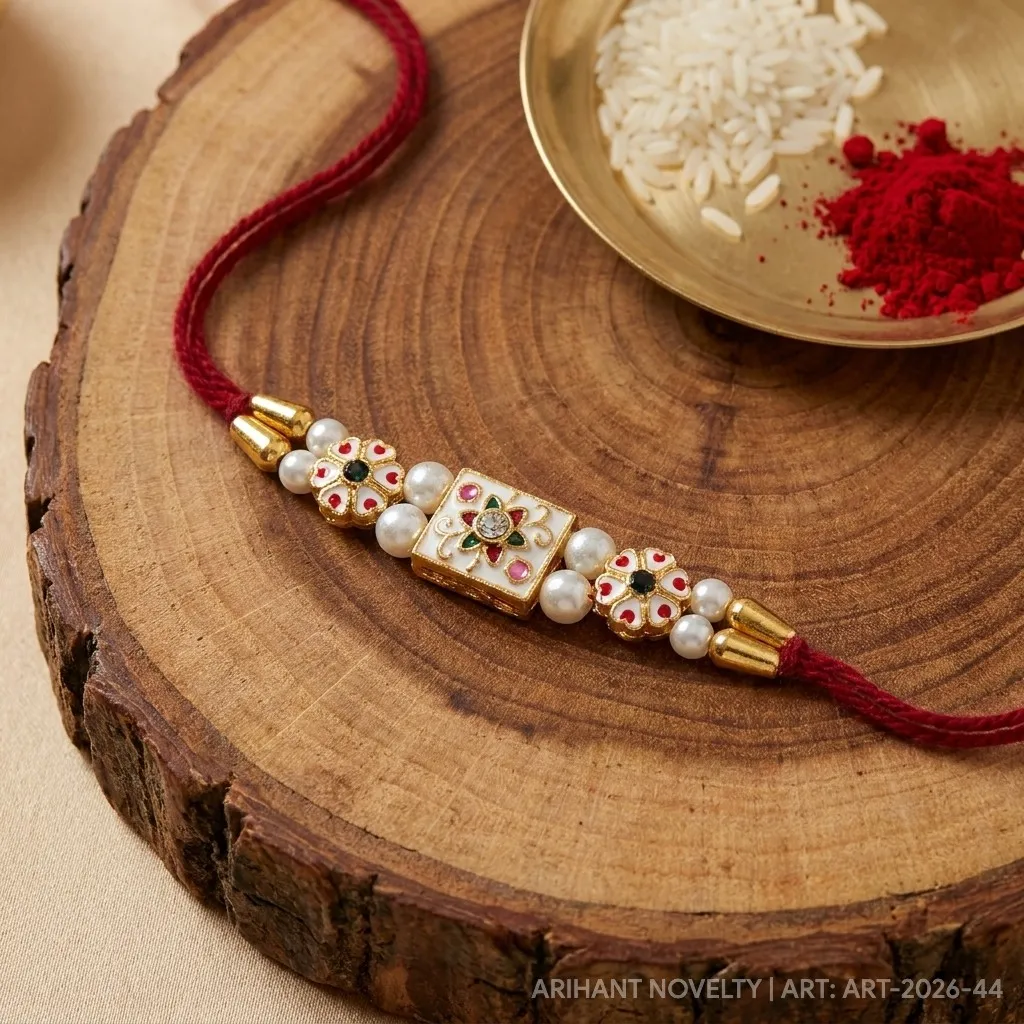 Triple Meenakari Pearl Rakhi – handmade Meenakari rakhi from Bikaner by Arihant Novelty