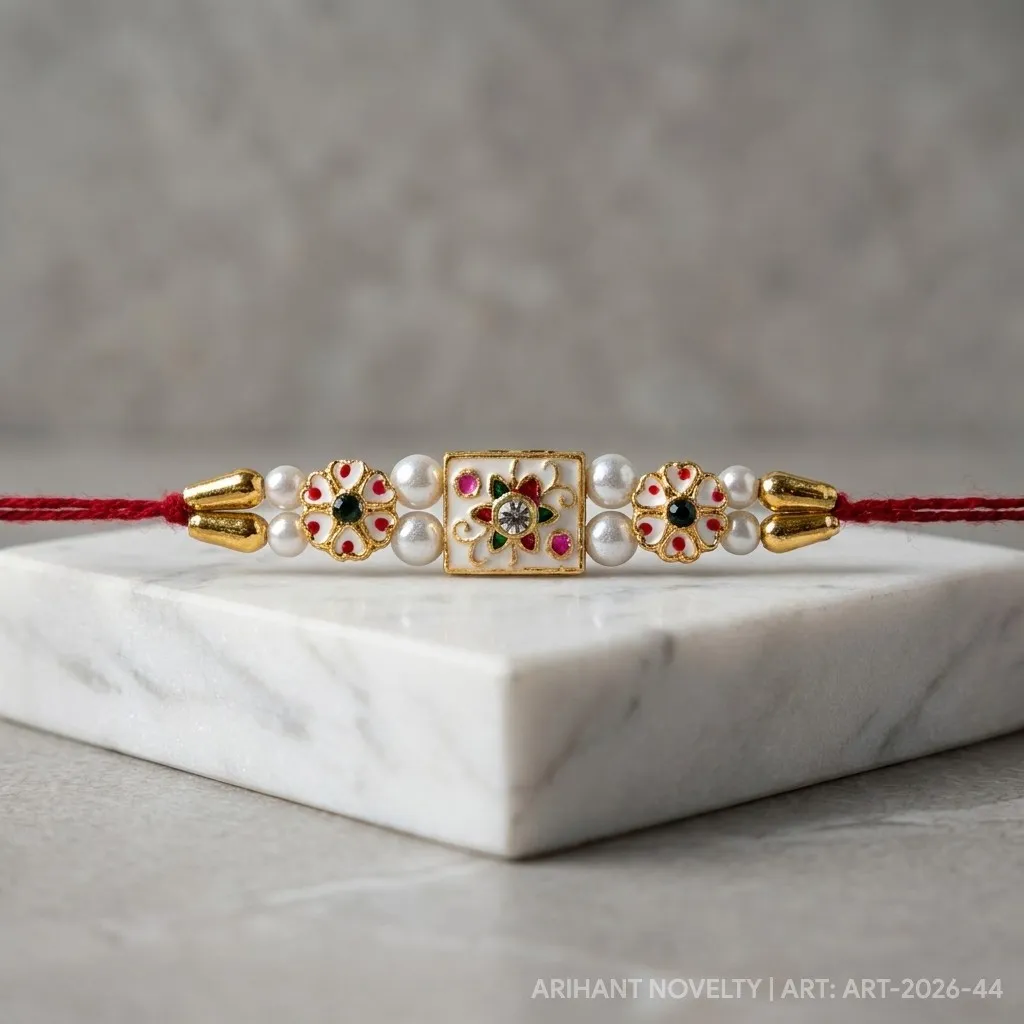 Triple Meenakari Pearl Rakhi – handmade Meenakari rakhi from Bikaner by Arihant Novelty