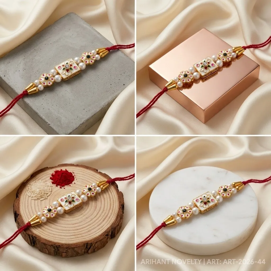 Triple Meenakari Pearl Rakhi – handmade Meenakari rakhi from Bikaner by Arihant Novelty