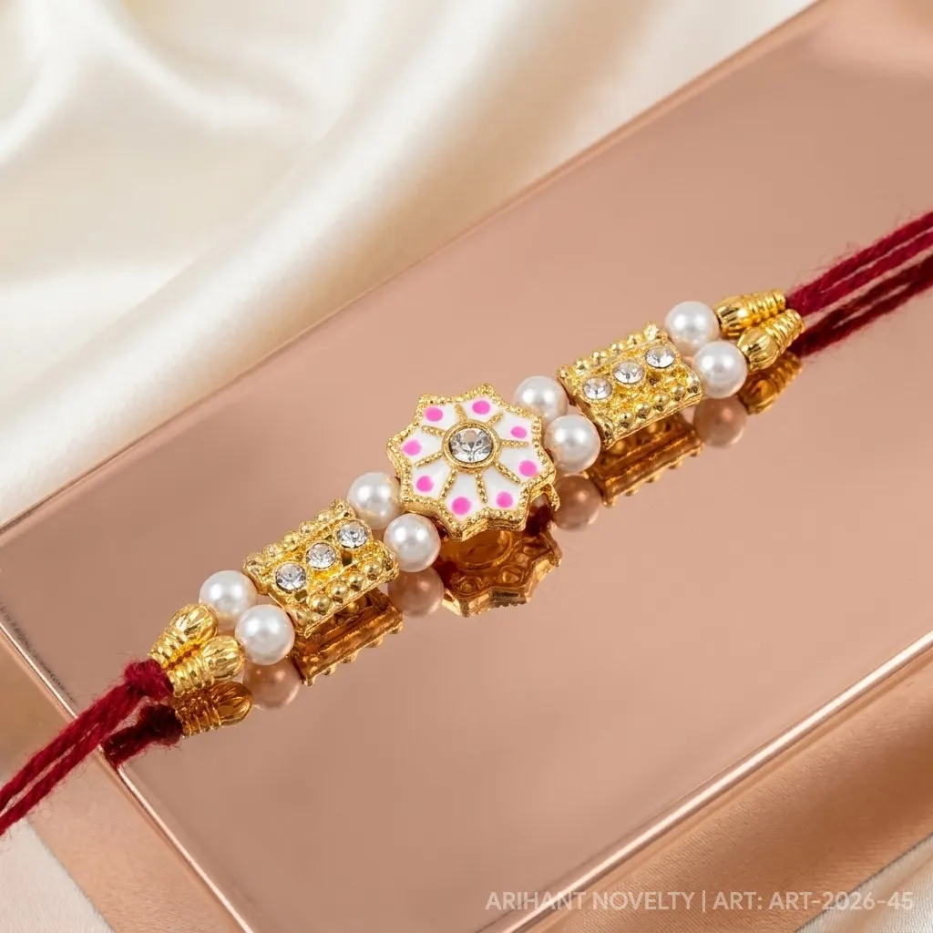 Pink Star & CZ Bar Pearl – handmade Meenakari rakhi from Bikaner by Arihant Novelty