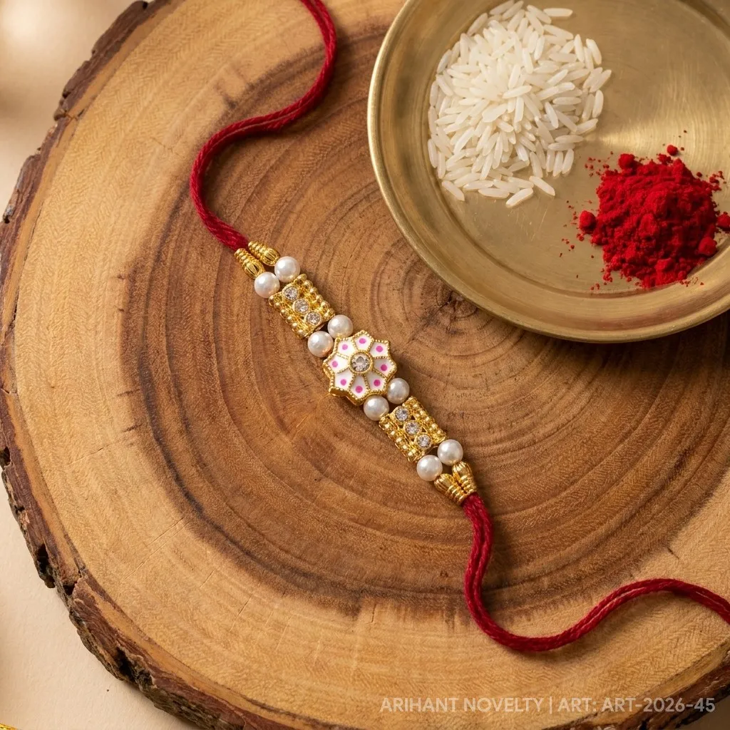 Pink Star & CZ Bar Pearl – handmade Meenakari rakhi from Bikaner by Arihant Novelty