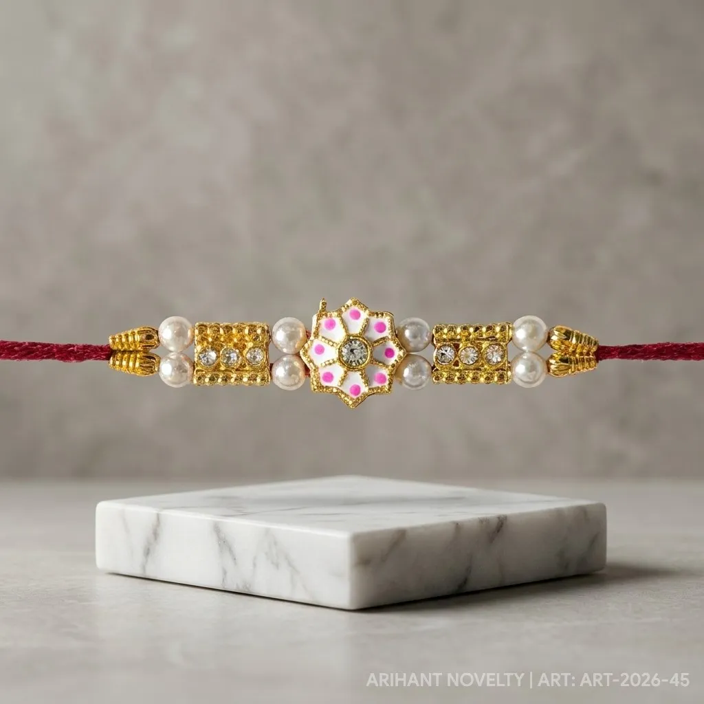 Pink Star & CZ Bar Pearl – handmade Meenakari rakhi from Bikaner by Arihant Novelty