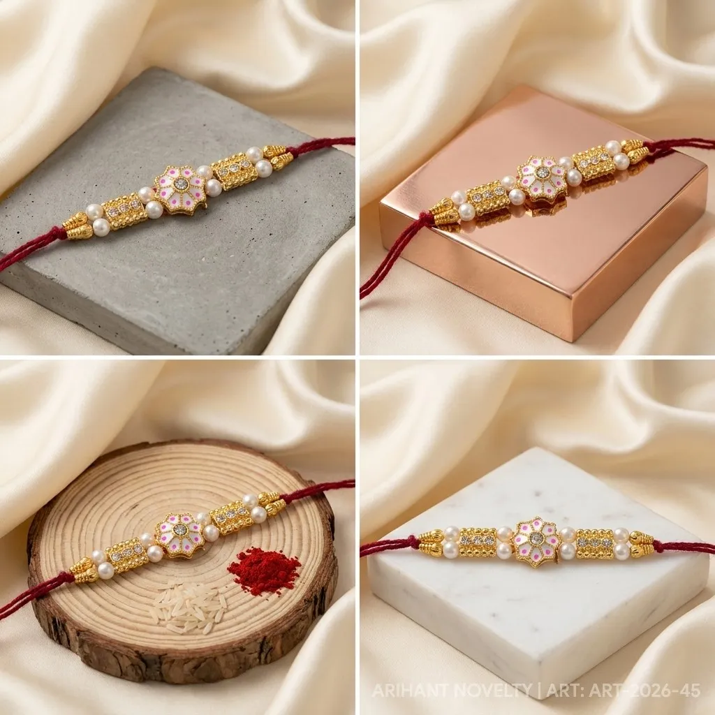Pink Star & CZ Bar Pearl – handmade Meenakari rakhi from Bikaner by Arihant Novelty