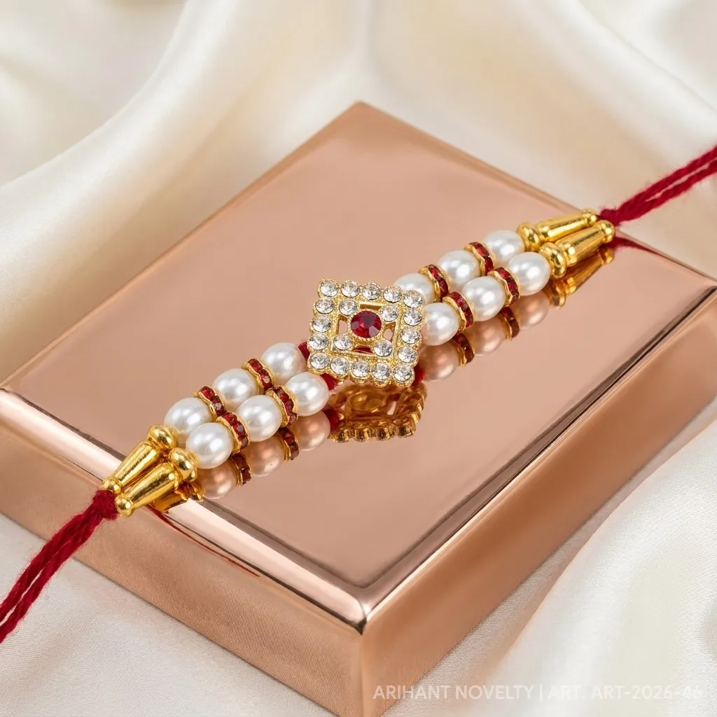 Diamond CZ Pearl & Red Ring – handmade Kundan rakhi from Bikaner by Arihant Novelty