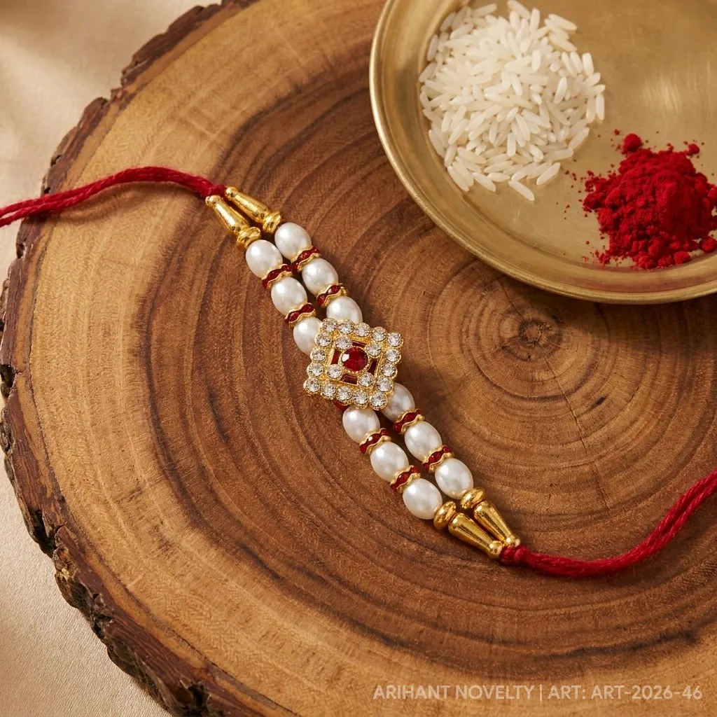 Diamond CZ Pearl & Red Ring – handmade Kundan rakhi from Bikaner by Arihant Novelty