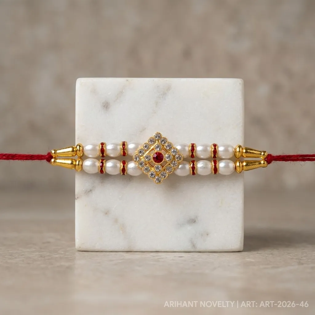 Diamond CZ Pearl & Red Ring – handmade Kundan rakhi from Bikaner by Arihant Novelty