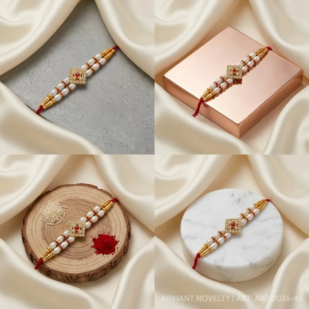 Diamond CZ Pearl & Red Ring – handmade Kundan rakhi from Bikaner by Arihant Novelty
