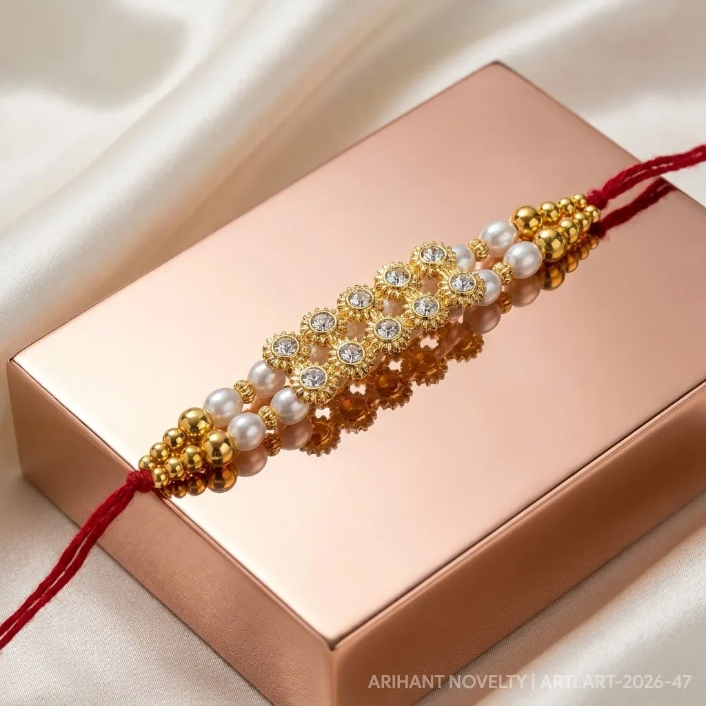 Gold Lattice Wide Band – handmade Kundan rakhi from Bikaner by Arihant Novelty