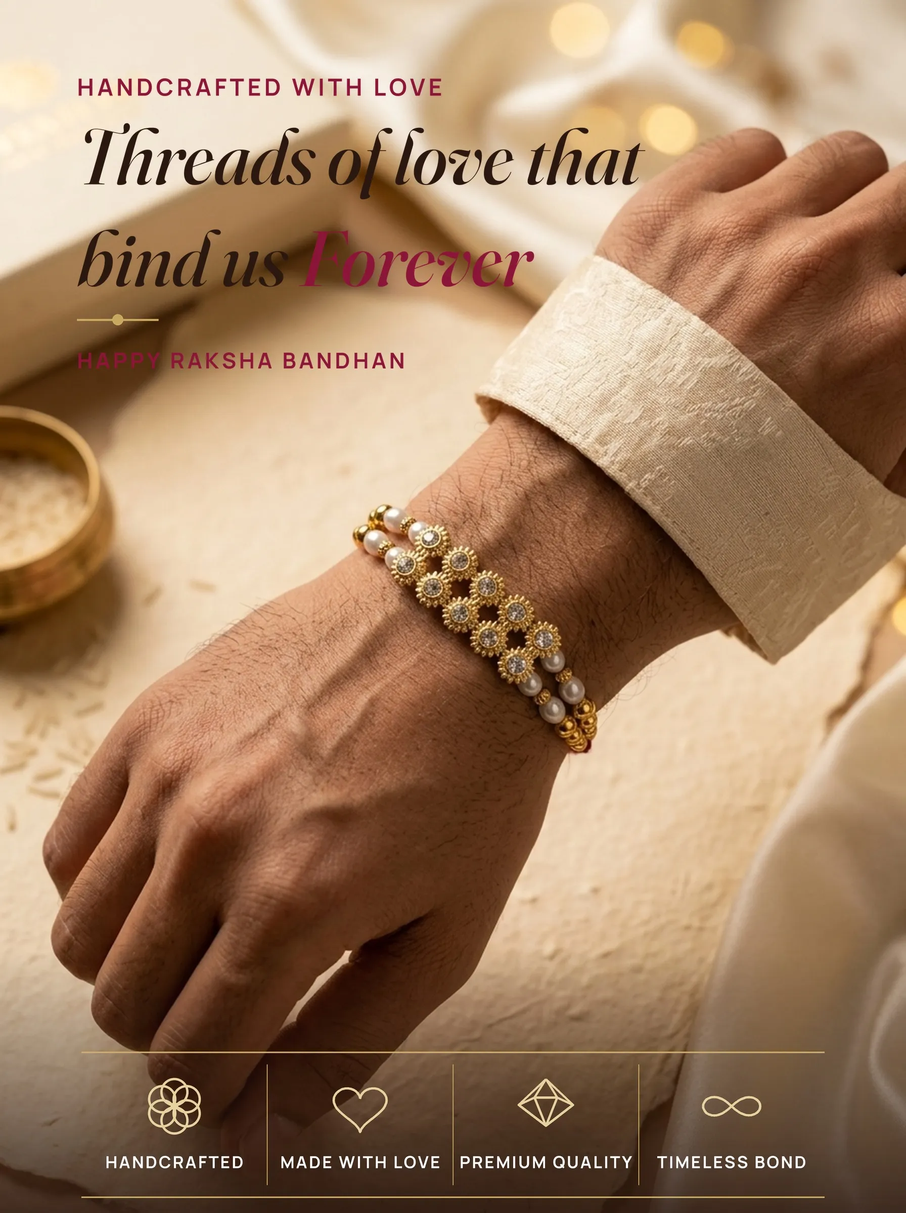 Gold Lattice Wide Band – handmade Kundan rakhi from Bikaner by Arihant Novelty