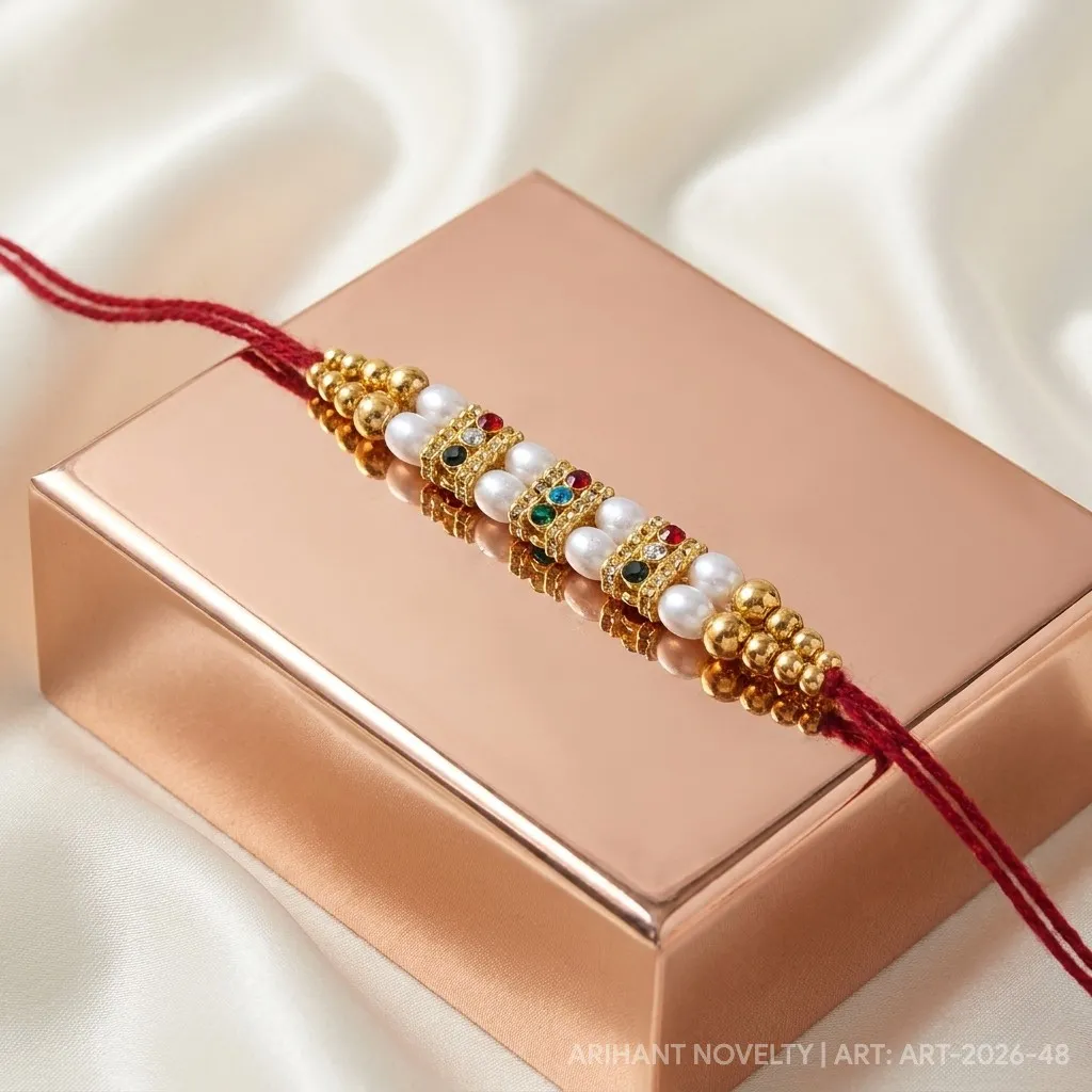 Multi-Gem Pearl Strand Rakhi – handmade Traditional rakhi from Bikaner by Arihant Novelty