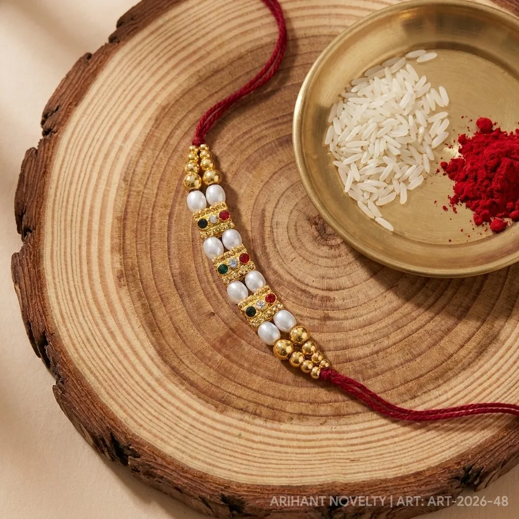 Multi-Gem Pearl Strand Rakhi – handmade Traditional rakhi from Bikaner by Arihant Novelty